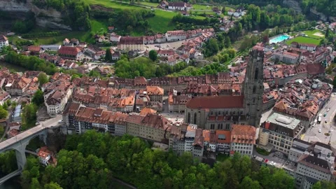 Aerial panoramic view around the old town of Fribourg  in Switzerland 库存影片 308820402
