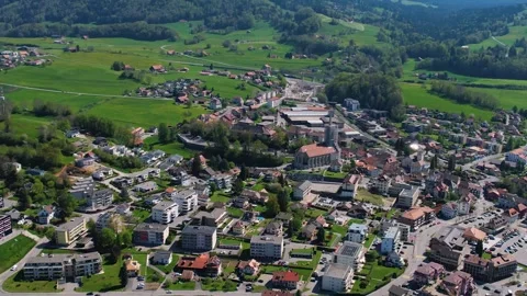 Aerial panoramic view around the old town of Châtel-Saint-Denis  in Switzerland Stock Footage 308820612
