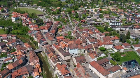 Aerial panoramic view around the old town of Moudon  in Switzerland Stock Footage 308820907