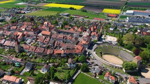 Aerial panoramic view around the old town of Avenches  in Switzerland Stock Footage 308820921