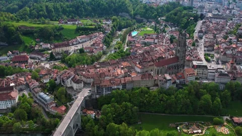 Aerial panoramic view around the old town of Fribourg  in Switzerland 库存影片 308821244