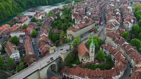 Aerial panoramic view around the old town of Bern  in Switzerland Stock Footage 308821308