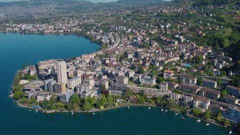 Aerial panoramic view around the old town of Montreux  in Switzerland Stock Footage 308821426
