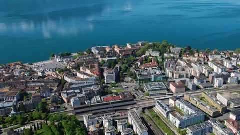 Aerial panoramic view around the old town of Vevey  in Switzerland Stock Footage 308821427