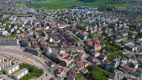 Aerial panoramic view around the old town of Bulle  in Switzerland Stock Footage 308821480