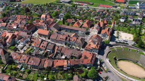 Aerial panoramic view around the old town of Avenches  in Switzerland Stock-Footage 308821589