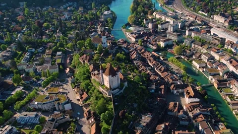 Aerial panoramic view around the old town of Thun in Switzerland Stock Footage 308824816