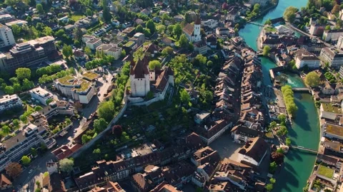 Aerial panoramic view around the old town of Thun  in Switzerland Stock Footage 308824826