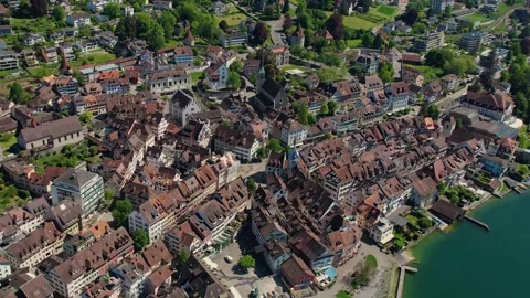 Aerial panoramic view around the old town of Zug  in Switzerland Stock Footage 308825176