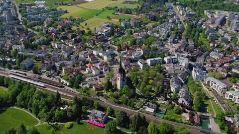 Aerial panoramic view around the old town of Cham  in Switzerland Stock Footage 308825477