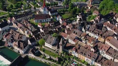 Aerial panoramic view around the old town of Bremgarten  in Switzerland Stock Footage 308825508