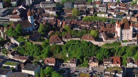 Aerial panoramic view around the old town of Thun in Switzerland Stock Footage 308827351