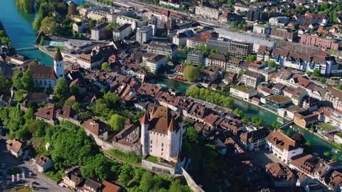 Aerial panoramic view around the old town of Thun in Switzerland Видео 308828292