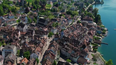 Aerial panoramic view around the old town of Zug  in Switzerland Stock Footage 308828500