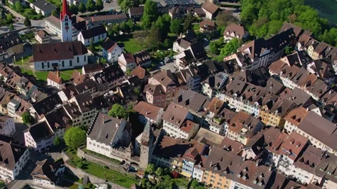 Aerial panoramic view around the old town of Bremgarten  in Switzerland Stockbeeldmateriaal 308828618