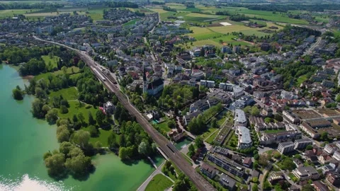 Aerial panoramic view around the town  Cham  in Switzerland Stock Footage 308418679
