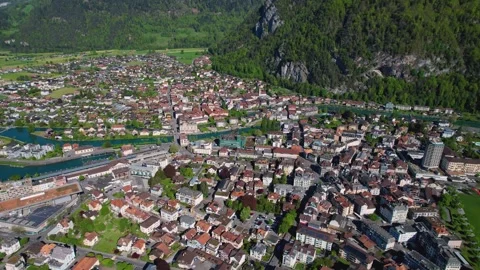 Aerial panoramic view around the town  Interlaken  in Switzerland Stock Footage 308418983