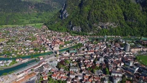 Aerial panoramic view around the town  Interlaken  in Switzerland Видео 308418987