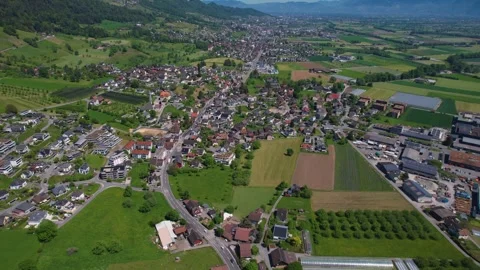 Aerial panoramic view around the town  Marbach  in Switzerland Stock Footage 308447376