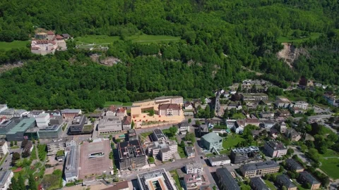 Aerial panoramic view around the town Vaduz  in Lichtenstein Stock Footage 308470830