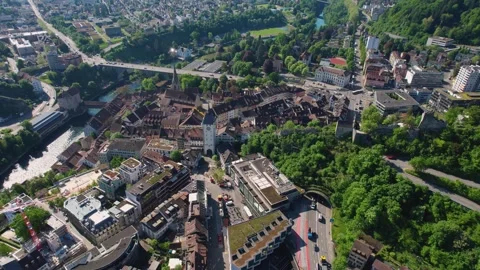 Aerial panoramic view around the town  Baden  in Switzerland Stock Footage 308524405