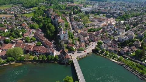 Aerial panoramic view around the town  Aarburg  in Switzerland Stock-Footage 308524502