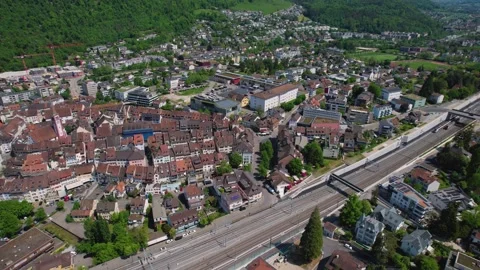 Aerial panoramic view around the town  Liestal  in Switzerland Stock Footage 308524971