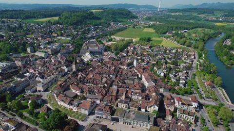 Aerial panoramic view around the town  Aarau  in Switzerland Stock Footage 308525009
