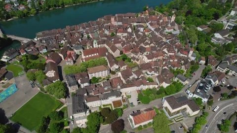 Aerial panoramic view around the town  Rheinfelden  in Switzerland Stock Footage 308525142