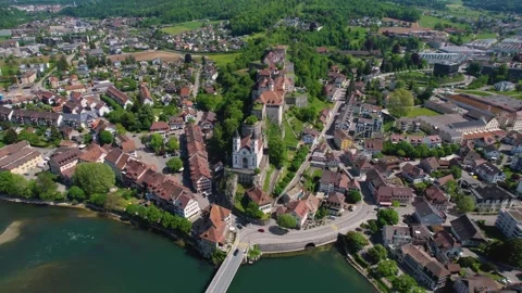 Aerial panoramic view around the town  Aarburg  in Switzerland Stock Footage 308526068