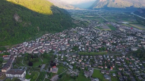 Aerial panoramic view around the town  Bad Ragaz    in Switzerland Видео 308534036