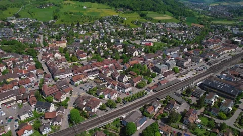 Aerial panoramic view around the town  Sissach  in Switzerland Stock Footage 308534649