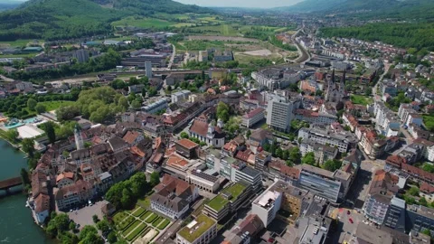 Aerial panoramic view around the town  Olten  in Switzerland Stock Footage 308535317