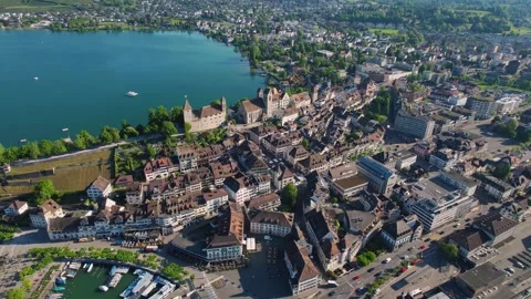 Aerial panoramic view around the town  Rapperswil-Jona  in Switzerland Stock Footage 308539197