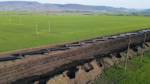 Aerial panoramic view of Balkan Stream gas pipeline project in Bulgaria. Long ro Stock-Footage 330901323