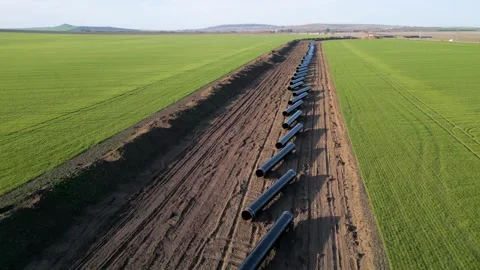 Aerial panoramic view of Balkan Stream gas pipeline project in Bulgaria. Long ro 库存影片 330901379