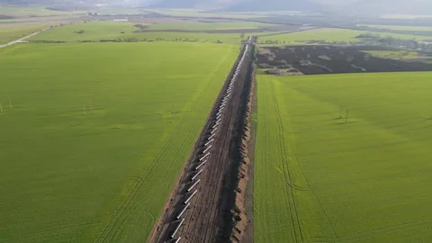 Aerial panoramic view of Balkan Stream gas pipeline project in Bulgaria. Long ro Видео 330901439