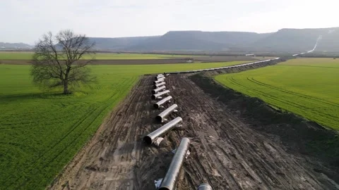 Aerial panoramic view of Balkan Stream gas pipeline project in Bulgaria. Long ro Video stock 330901485