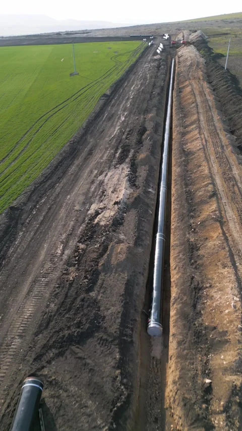 Aerial panoramic view of Balkan Stream gas pipeline project in Bulgaria. Long ro Stock-Footage 330901649