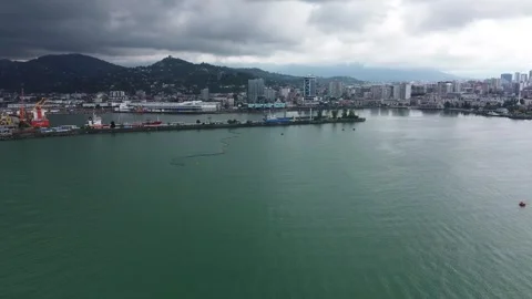 Aerial Panoramic View of Batumi Cargo Port and Stormy Mountains, Georgia 4K 스톡 동영상 337408075