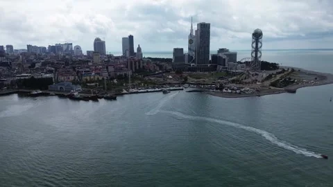 Aerial Panoramic View of Batumi Old Town and Hotels with Boats, Georgia 4K 스톡 동영상 337407445