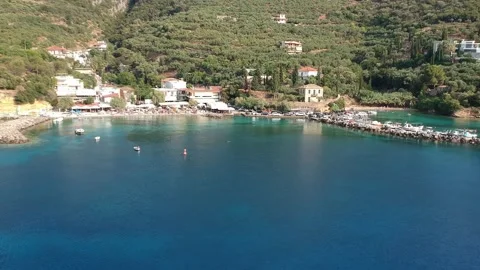 Aerial panoramic view of the beautiful coastal village Kitries near Kalamata  Stock Footage 152467776