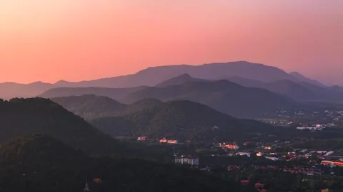 Aerial panoramic view of beautiful mountain range layers at sunset near Hua Hin Stock-Footage 294663287