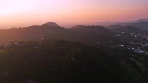Aerial panoramic view of beautiful mountain range layers at sunset near Hua Hin Video stock 294663334