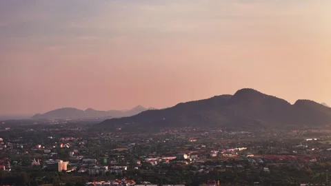 Aerial panoramic view of beautiful mountain range layers at sunset near Hua Hin Stock-Footage 294663389