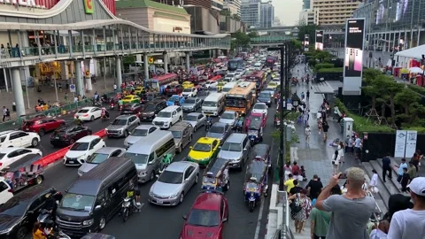 Aerial panoramic view of a big traffic jam in downtown Bangkok, Thailand 4K Stock Footage 236602722
