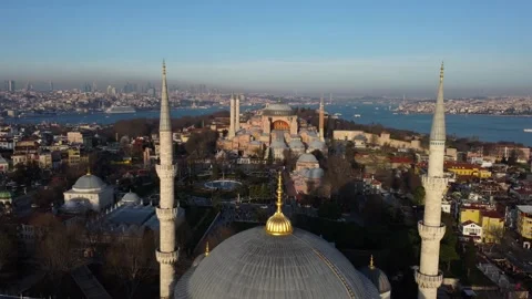 Aerial panoramic view of Blue Mosque and Hagia Sophia, Istanbul, Turkey 4K Stock Footage 168022261