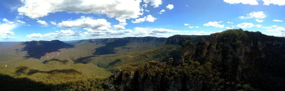 Aerial Panoramic View of Blue Mountains Valley and Three Sisters, Australia Stock Photos