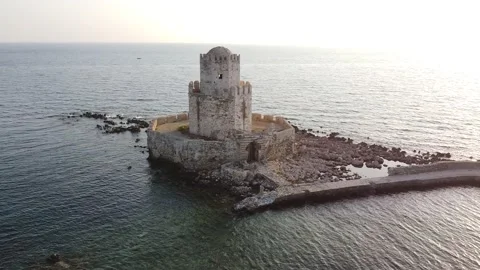 Aerial panoramic view of the Bourtzi tower in Methoni Venetian Fortress, Gree Stock Footage 144551900