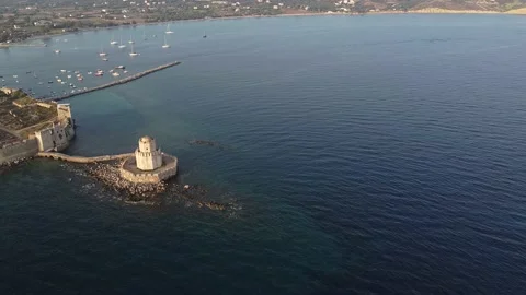 Aerial panoramic view of the Bourtzi tower in Methoni Venetian Fortress, Gree Stock Footage 144554530